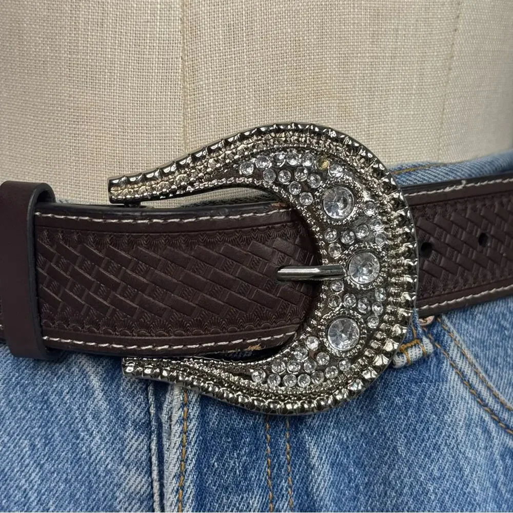 Western Belt Rhinestone Bling Brown Leather Rodeo Buckle Cowgirl Small